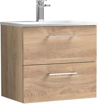Nuie Nuie Arno Bleached Oak Woodgrain 600mm Wall Hung 2 Drawer Vanity Unit and Curved Ceramic Basin - ARN3024G