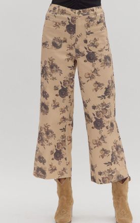 Entro Dusty Bloom Floral Wide Leg Pants In Taupe