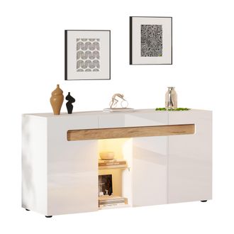 STILVORA Aparador Con 3 Puertas Y Led Controlado Por App, Blanco Brillo, Con Estante De Vidrio, En Tablero Aglomerado, 140&times;40&times;70 Cm