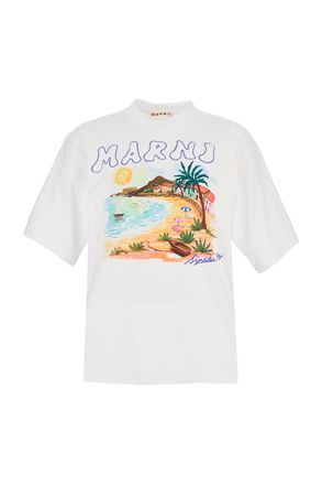 Marni Oversized Crew Neck T-Shirt with Multicolor Beach Scene Print