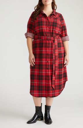 Universal Standard Morgan Long Sleeve Stretch Flannel Midi Shirtdress in Ridge Brew Red Plaid at Nordstrom, Size 2Xl