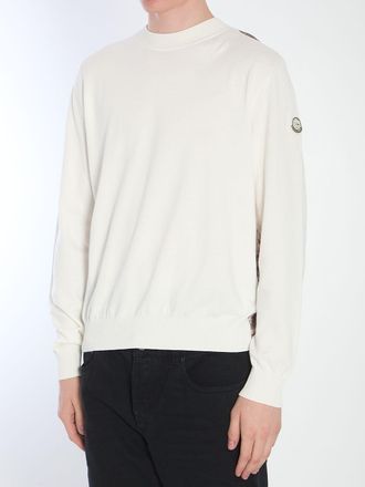 Moncler Mens White Jumper With Logo Print - Ivory Cotton - Size Small