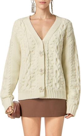 English Factory V-Neck Cable Cardigan with Floral Buttons in Off White at Nordstrom, Size X-Small