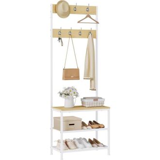 Woltu Appendiabiti con ripiano per scarpiere, mobile dingresso con panchina, 3 in 1, per ingresso, corridoio, Bianco + Rovere Chiaro - Woltu