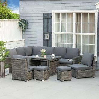 OUTSUNNY 10-Seater Sofa Sectional w/ Cushioned Seat, Footstools & Glass Table in Grey