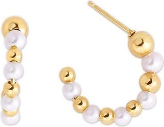 Tresorra 14K Yellow Gold Pearl & Bead C Hoop Earrings