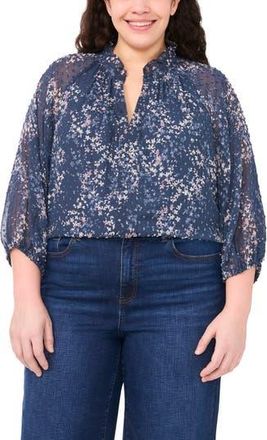 CeCe by Cynthia Steffe Floral Clip Dot Ruffle V-Neck Top in Blue Haze at Nordstrom Rack, Size 1 X