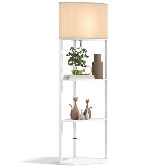 HOMCOM Corner Modern Floor Lamp With Shelves For Living Room - Bedroom - White | TJ Hughes