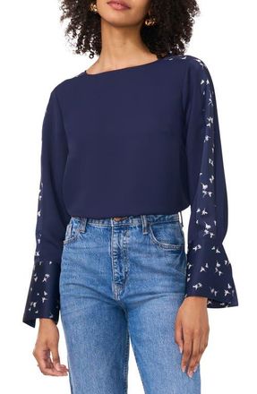 Vince Camuto Floral Accent Flare Cuff Top in Classic Navy at Nordstrom, Size Xx-Small