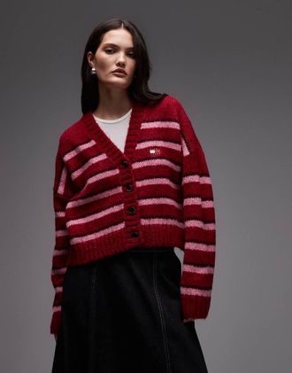 Tommy Jeans Cardigan soffice a righe color rosso e rosa con stemma