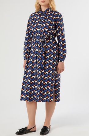 Marina Rinaldi Voyage Collection Print Long Sleeve Stretch Poplin Shirtdress in Navy at Nordstrom, Size 14W