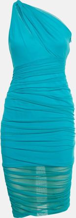 Versace Blue Tulle Ruche One-Shoulder Midi Dress