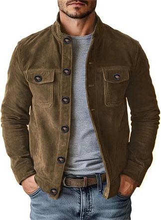 Generic Mens Vintage Stand Collar Jacket Autumn Winter New Thick Outdoor Warm Suede Jacket (Brown,M)