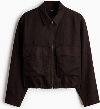 H&M Linen-blend Overshirt With Zipper in Dark Brown at Nordstrom, Size Xx-Large