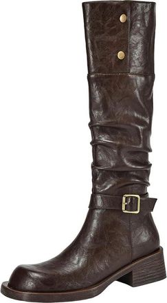 Generic Womens Cow Leather Medium Heels Stretch Boots Vintage Belt Buckle Runway Thigh High Boots