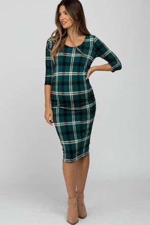 Pinkblush Plaid 3/4 Sleeve Ruched Maternity Dress in Forest Green at Nordstrom, Size X-Large