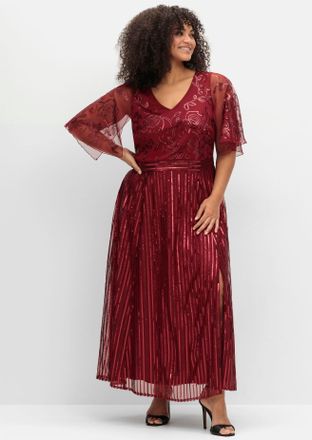 Sheego Abendkleid SHEEGO Abendkleid, Damen, Gr. 40, Normalgr&ouml;ssen, rot (dunkelrot), 100% Polyester, unifarben, lang, V-Ausschnitt, Kleider Abendkleid