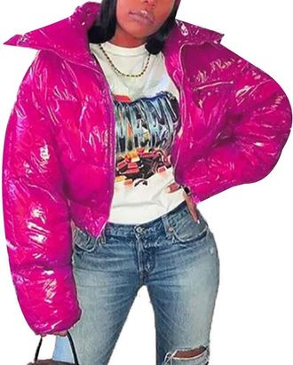 Generic Womens Wet Look PU Shiny Cropped Puffer Jacket Zip Up Short Puffy Coats Hot Pink
