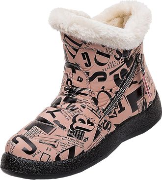Generic Winter Snow Boots For Women Solid Color Fleece Lined Warm Shoes Winter Side Zipper Short Boots Waterproof Anti-Slip Ankle Booties Round Toe Thick Bott