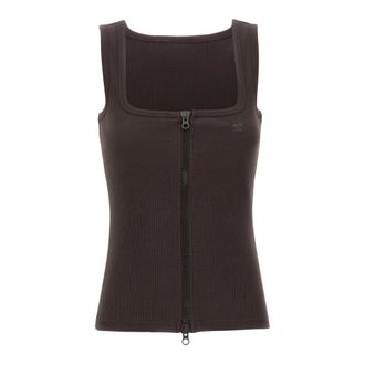 Courr&egrave;ges Tops, Dames, Bruin, S, Katoen, 90s Ribgebreid Gebreide Tanktop met Rits