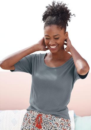 Lascana Pyjamaoberteil LASCANA, Damen, Gr. 32/34, blau (rauchblau), Rippware, Obermaterial: 63% Polyester, 33% Viskose, 4% Elasthan, unifarben, figurumspielen