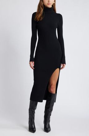 Open Edit Rib Long Sleeve Turtleneck Sweater Dress in Black at Nordstrom, Size X-Large