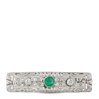 Luxury Bazaar Antique 18K White Gold 0.50ct Diamond and Emerald Bar Brooch MF13-082526