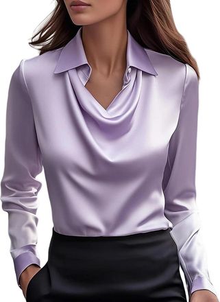 Generic Blusas para Mujer Elegantes Womens Elegant Cowl Neck Satin Blouse Long Sleeve Office Work Shirt Collar Blouses V-Neck Solid Casual Silk Tops Silk Sati
