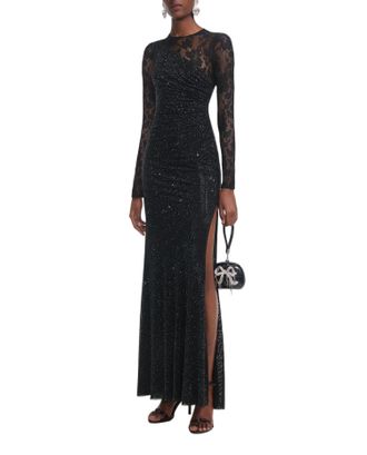 Self Portrait Rhinestone-Embellished Lace Maxi Dress With Side Slit