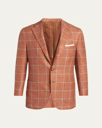 Kiton Mens Windowpane Check Single-Breasted Sport Coat