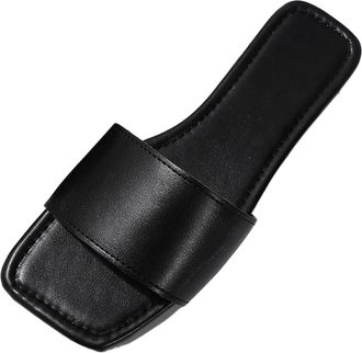 Generic Womens Sandals & Slides UK Faux Leather Flat Sandals Open Square Toe Slip On Slippers Outdoor Peep Toe Pool Beach Sandal Solid Color Backless Mules Fa