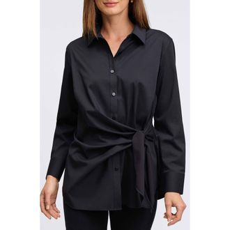 Foxcroft Sabine Side Tie Button-Up Shirt in Black at Nordstrom, Size X-Large