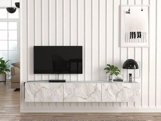 Vente-Unique Wall - Mounted TV Unit With 3 Doors - White Marble Effect - VIKILA