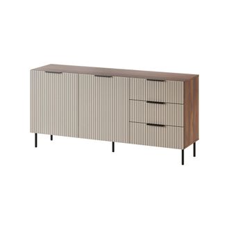 Dmora Aparador Monzuno, Aparador De Sal&oacute;n Con Dos Puertas Batientes Y Tres Cajones, Elevado Del Suelo, 156 X 42 X 75 Cm, Nogal Y Beige