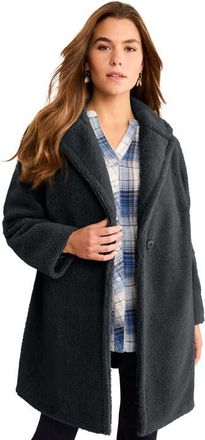 Roaman's Plus Size Mid Length Teddy Faux Fur Coat in Black at Nordstrom, Size 32