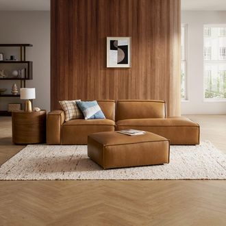 Castlery Brown Top Grain Leather Right Side Chaise Sofa with Ottoman | Jonathan by Castlery