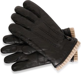 Barneys Mens Real Leather Gloves | Genuine Sheep Nappa | Touchscreen Compatible (Knitted Cuff Gloves, Black, L/XL)
