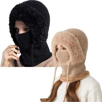 Generic 3 in 1 Winter Hat with Scarf and Mask, Womens Outdoors Windproof Knitted Hat, Elastic Warm One-Piece Hatand Scarf (UK, Alpha, One Size, Black+Khaki)