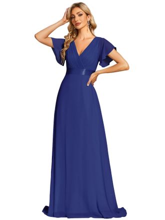 Ever-pretty Womens Double V-Neck Short Flutter Sleeves Empire Waist Elegant Chiffon Long Party Evening Dresses Sapphire Blue 22UK