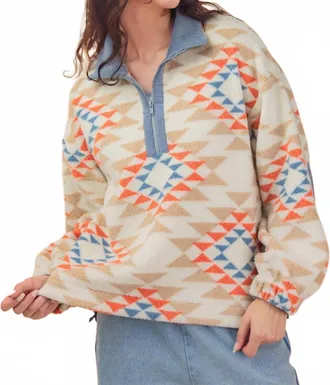 Very J Aztec Fleece Pullover In Blue Aztec