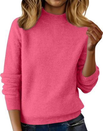Generic Cashmere Jumpers Ladies Womens Semi Turtleneck Sweater Autumn and Winter Warm Loose Sweater Jumpers for Women UK Long Sleeve Solid Color Pullover with