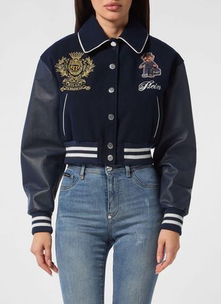 Philipp Plein Bomber cropped in raso con ricamo logo e Teddy Bear