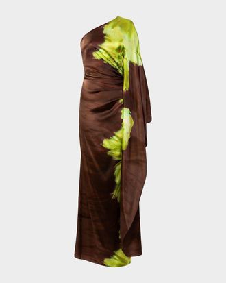 Silvia Tcherassi Afrodita One-Shoulder Long-Sleeve Satin Maxi Dress