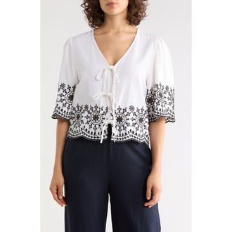 Ellen Tracy Eyelet Embroidered Tie Top in White at Nordstrom Rack, Size X-Large