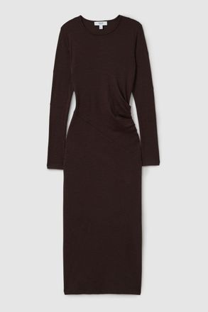 Reiss Womens Burgundy Wool Ruched Detail Midi Dress, Size: L