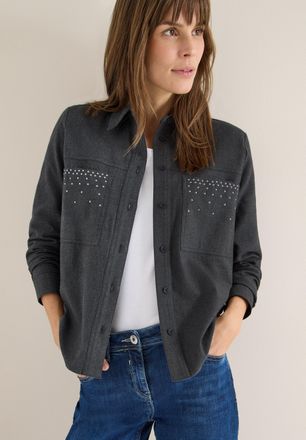 Cecil Flanellbluse CECIL, Damen, Gr. XXL (46), deep grau melange, Web, Obermaterial: 100% Baumwolle, unifarben, bequem h&uuml;ftbedeckend, Rundhals, Blusen Flane