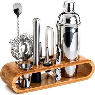 OEM Juego De Cocteler&iacute;a, Acero Inoxidable/bamb&uacute;, Coctelera Cobbler De 550 Ml, Paquete De 10, Plata/marr&oacute;n