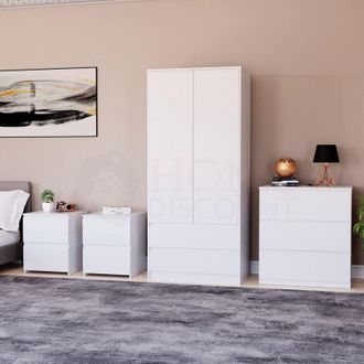 Home Discount Home Discount - 4 Piece Denver Bedroom Set, 2 Drawer Large Bedside Chest x 2, 3 Drawer Chest, 2 Door 2 Drawer Wardrobe, White