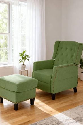 Living and Home Fabric Sofa Pushback Reclining Armchair with Footstool in Green