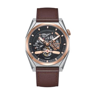 Heritor Mens Amadeus Semi-Skeleton Leather-Band Watch - Brown Stainless Steel - One Size